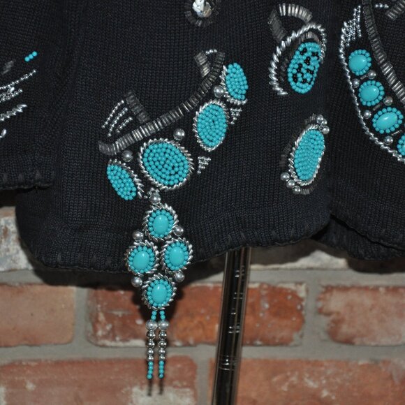 Vintage Embellished Turquoise Silver Beaded Michael Simon Sweater Cardigan KNIT - Picture 9 of 11